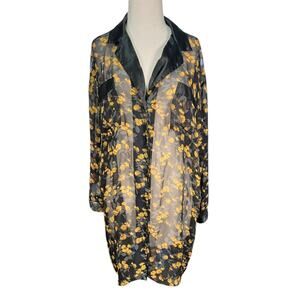 Vintage Sheer Black Button Down Dress Sunflower Long Sleeve romantic goth dress